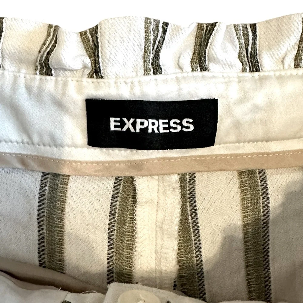 EXPRESS white high paperbag waist olive green pinstriped ankle pants sz 18 NWOT! - Picture 3 of 7